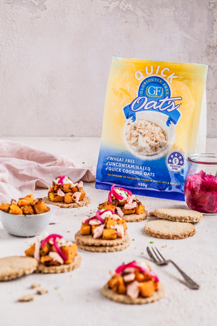 Gluten- Free Oat Cakes With Miso Roast Pumpkin, Hot Smoked Salmon & Pickled Onion {GF, DF Nut & Egg Free Option} | The Whimsical Wife